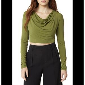 NWT Open Edit Nordstrom Cowl Neck Long Sleeve Crop Top Olive Green XL
